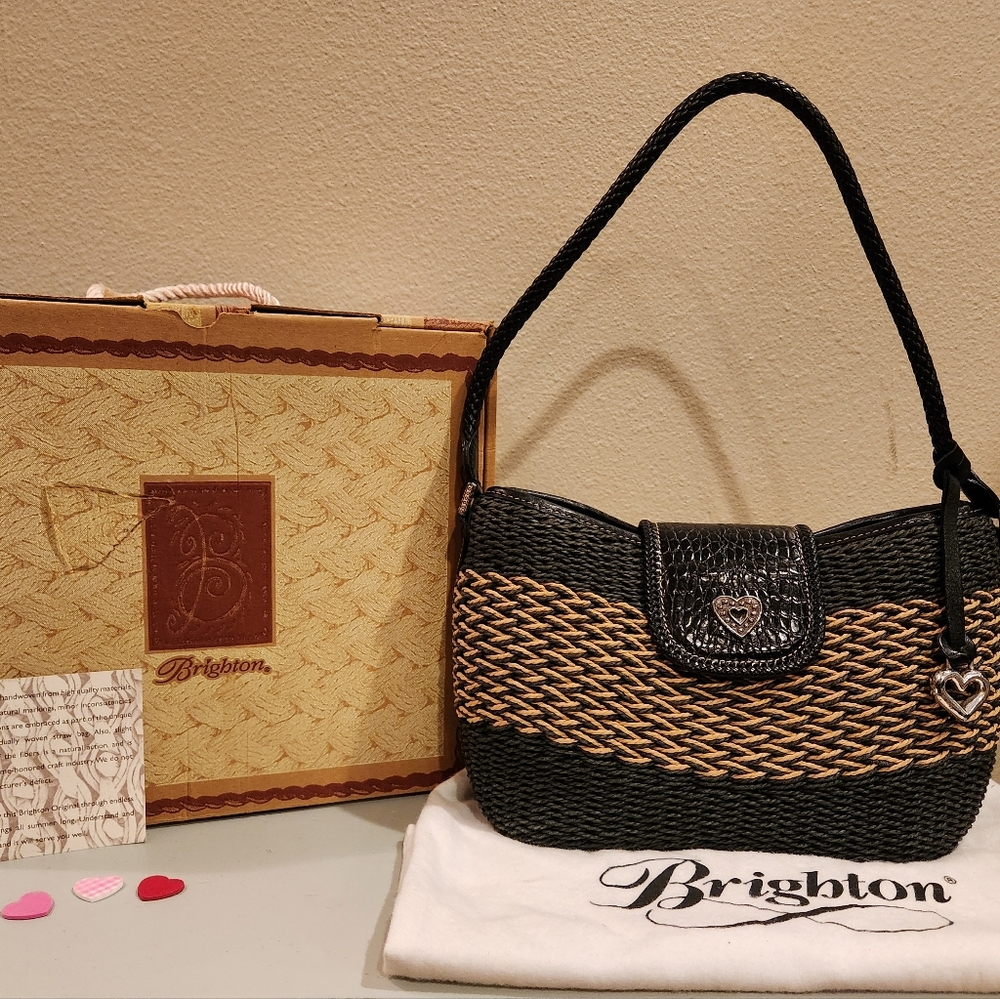 Vintage Brighton Woven Beige and Black Straw & Leather Handbag Purse